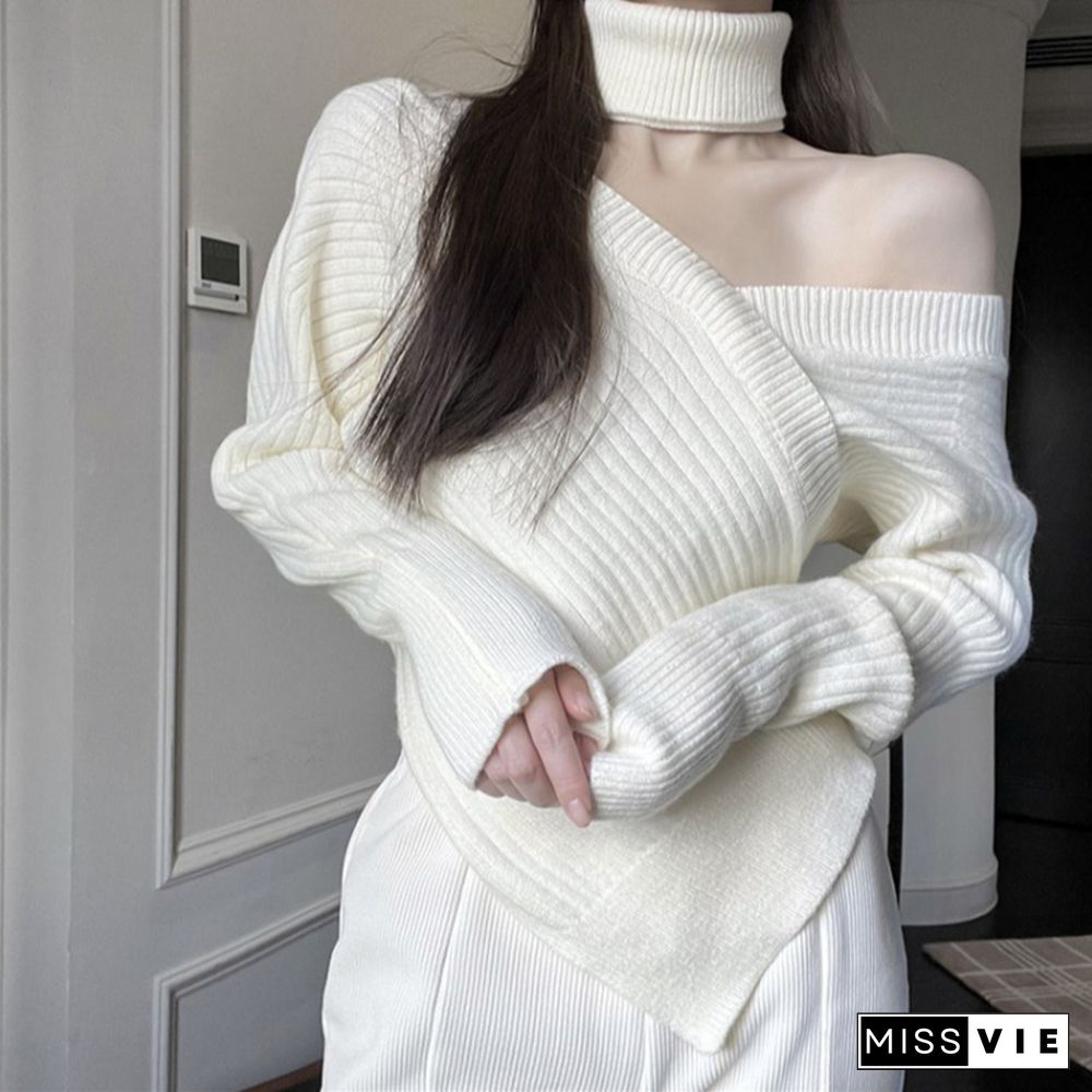 High Collar Cross Cold Shoulder Irregular Sweater