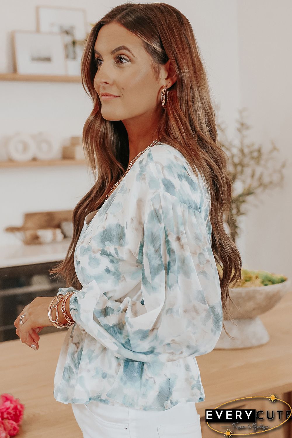 Sky Blue V Neck Tie-dye Peplum Top