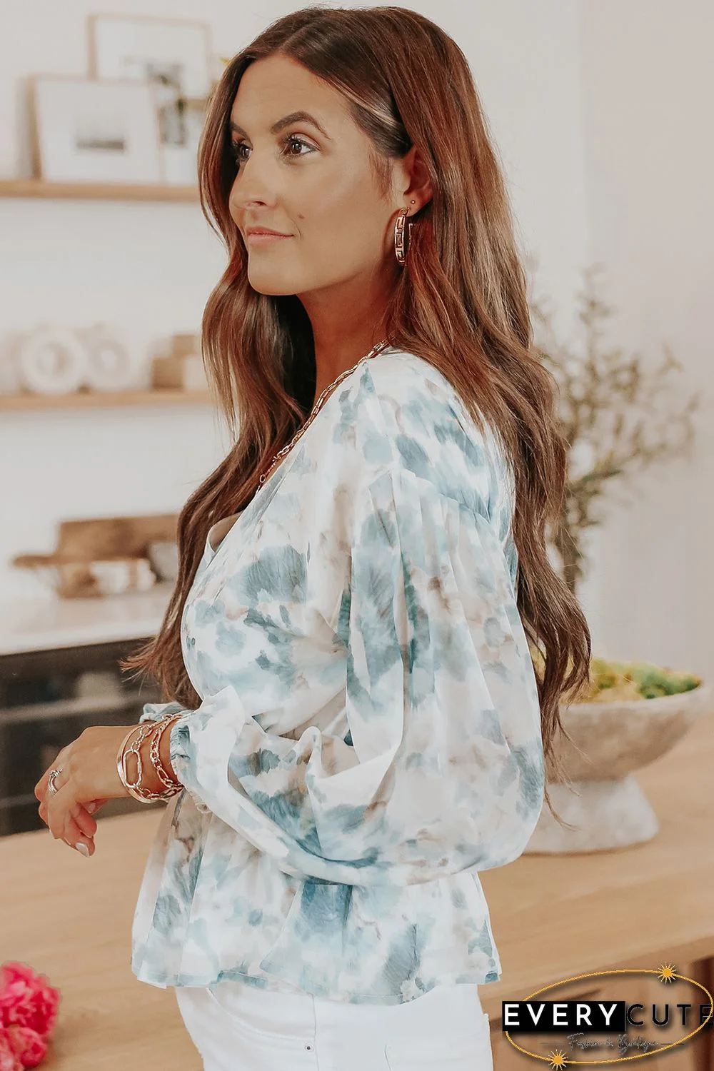 Sky Blue V Neck Tie-dye Peplum Top