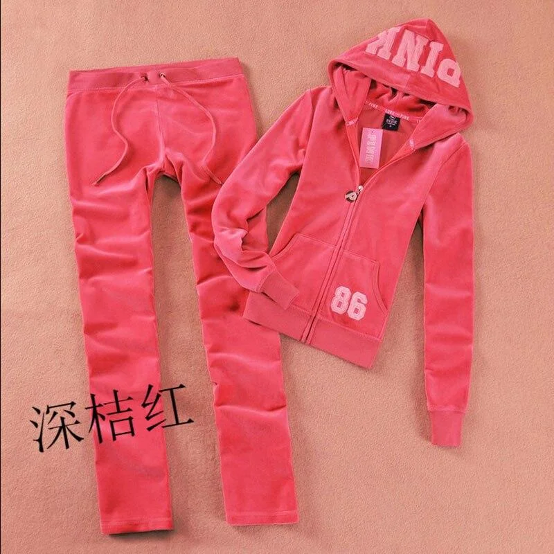 Spring / Fall 2021 PINK Women's Brand Velvet Fabric Tracksuits Velour Suit Women Tracksuit Hoodies And Pants SIZE S - XL 1110-1
