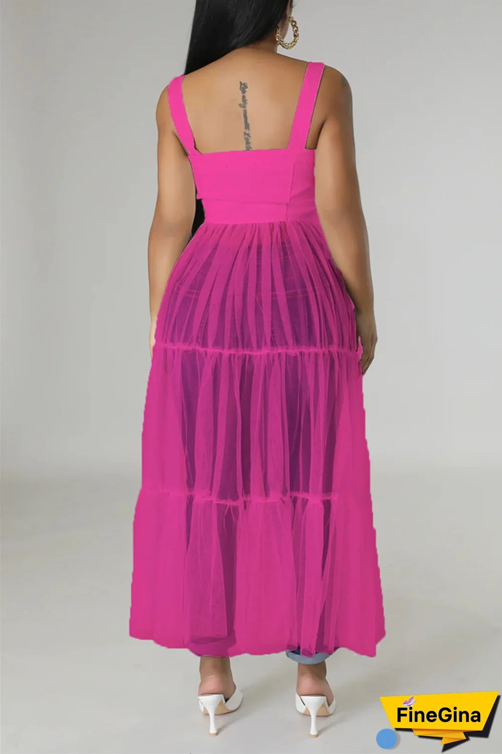 Black Casual Simplicity Solid Patchwork Fold Mesh Spaghetti Strap High Waist Tops