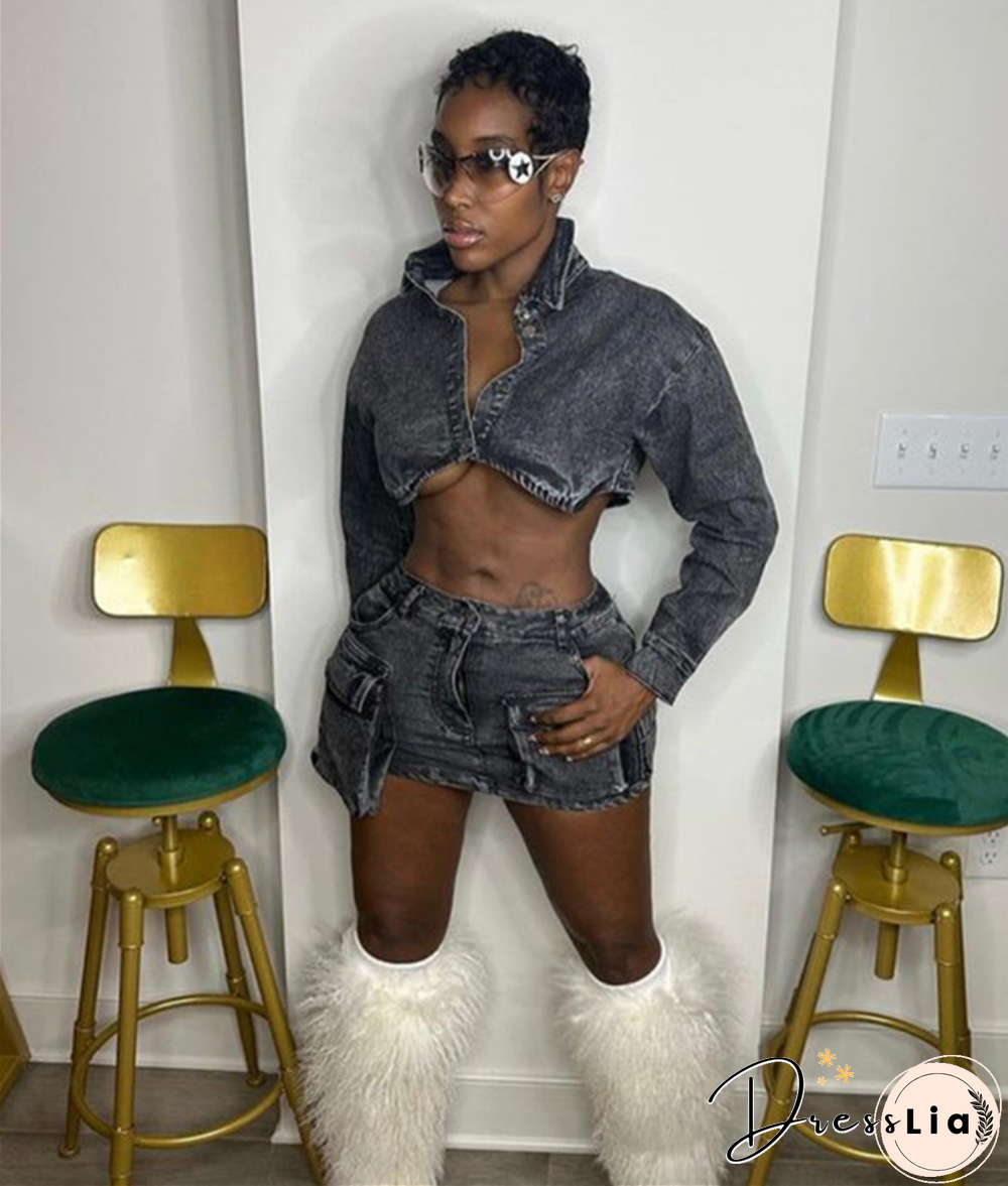 Denim Long Sleeve Jacket Mini Cargo Skirt Sets