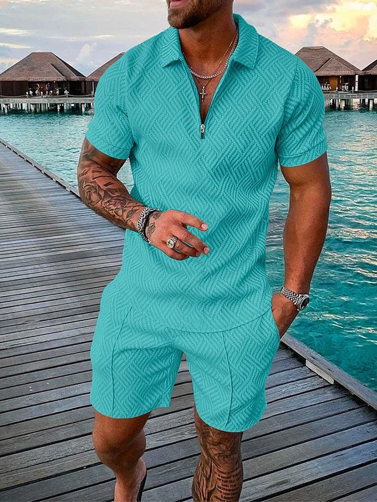 Men's Solid Color Zip Polo Shirt and Shorts Two-Piece Suits