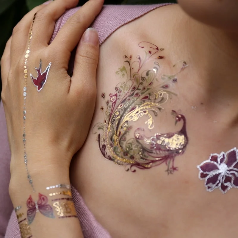 Women Body Art Gold Silver Metallic Tattoo Sticker Chain Bracelet Fake Jewelry Waterproof Temporary Tattoo Arm Sleeve Hand Wrist