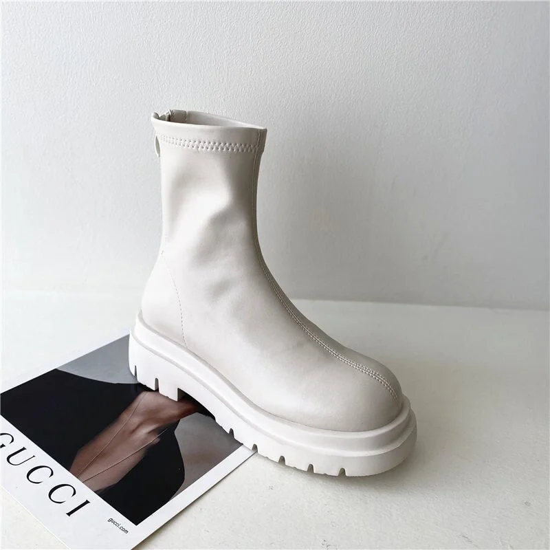 2022 Women Ankle Boots Ladies Shoes Slip on Mid Calf Boots Platform Soft PU Leather Long Boot Footwear Woman Fashion Winter Bota