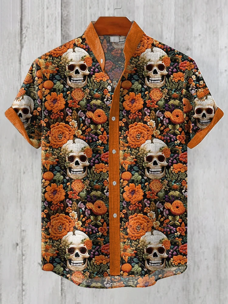 Men's Floral Skull Embroidery Pattern Linen Blend Shirt