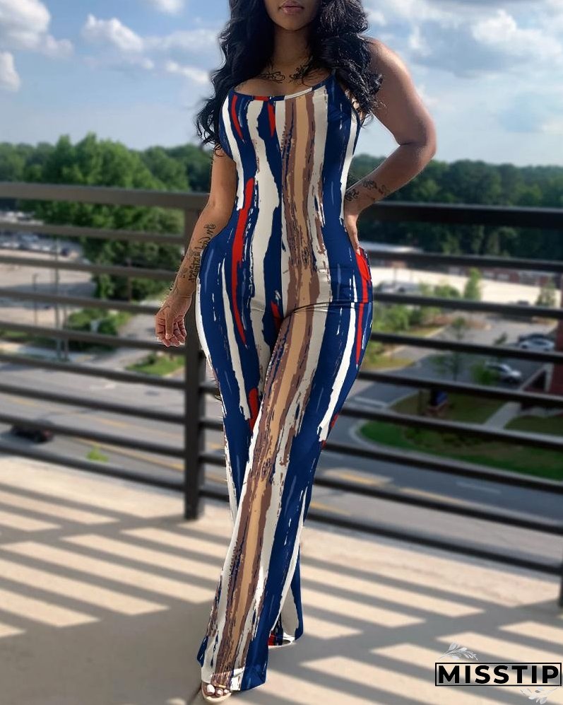 Printed Solid Color Straps Jumpsuit