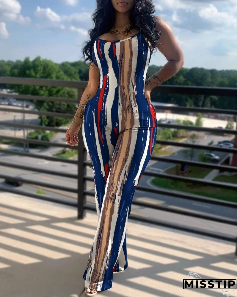 Printed Solid Color Straps Jumpsuit