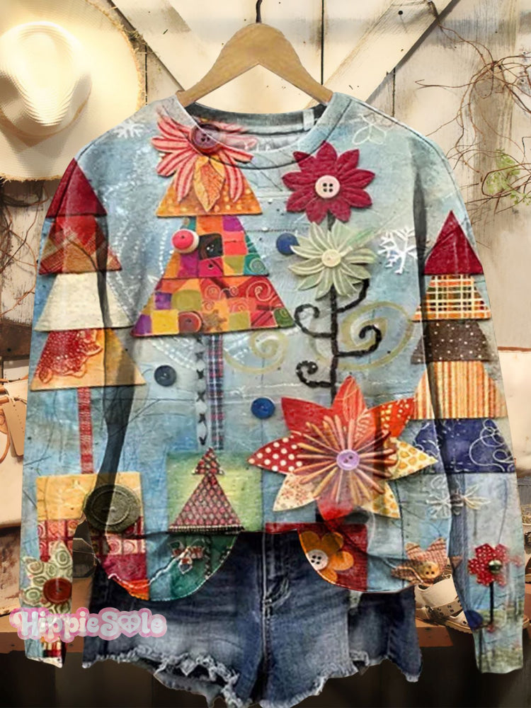 Women’s Vintage Christmas Tree Texture Prints Casual Sweatshirt Multicolor / S