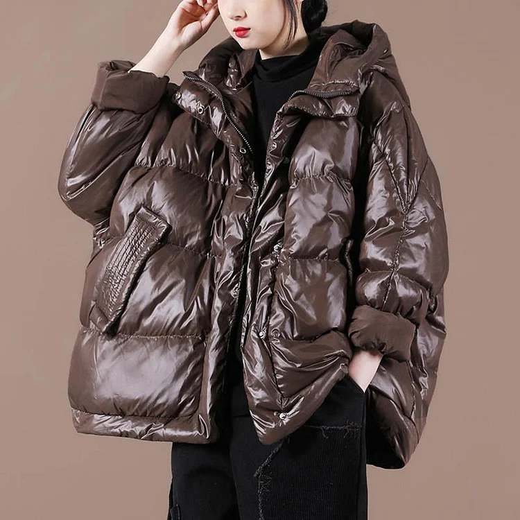 Casual plus size womens parka Jackets chocolate hooded zippered down coat