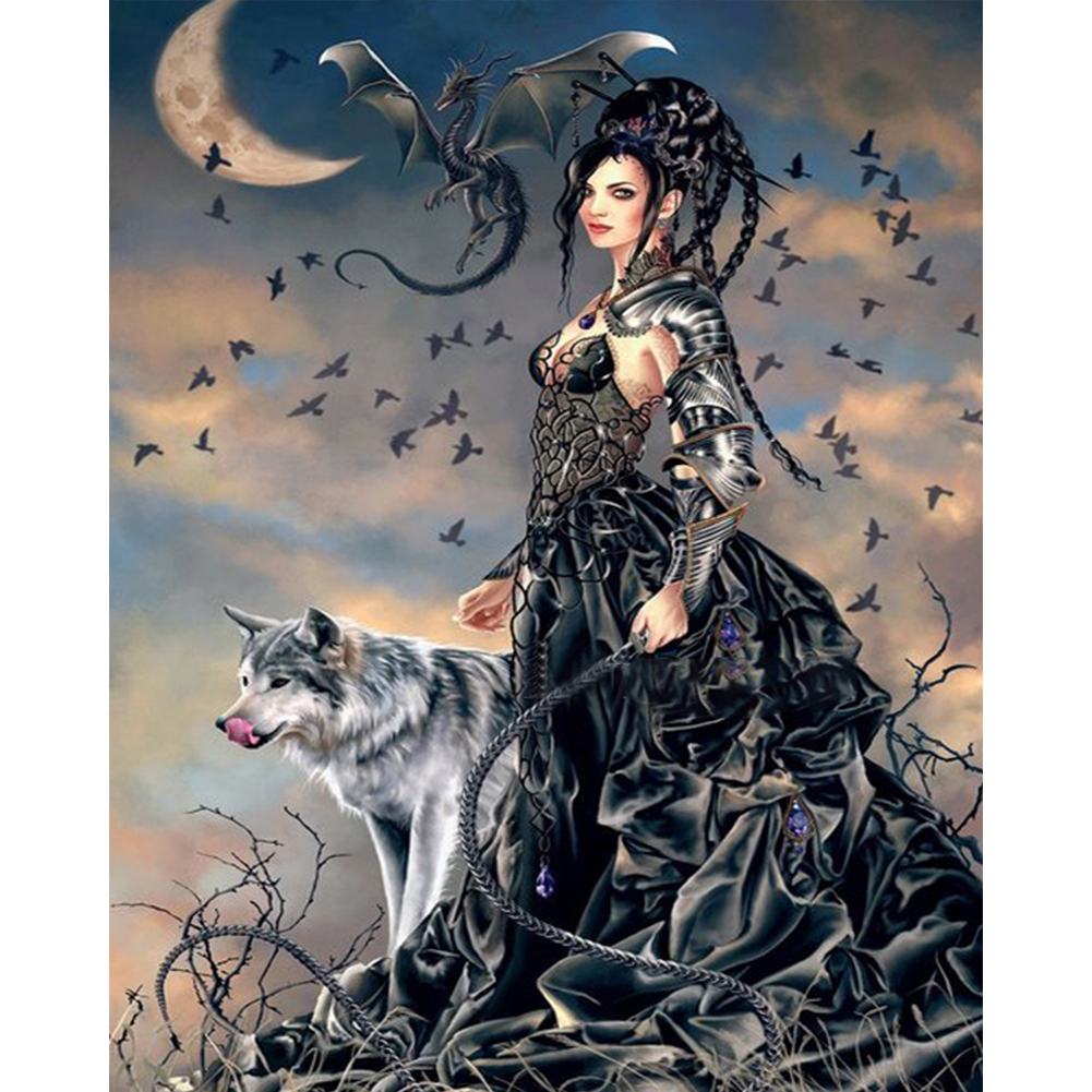 Moon Cool Girl And Wolf 40*50cm(canvas) full round drill diamond painting