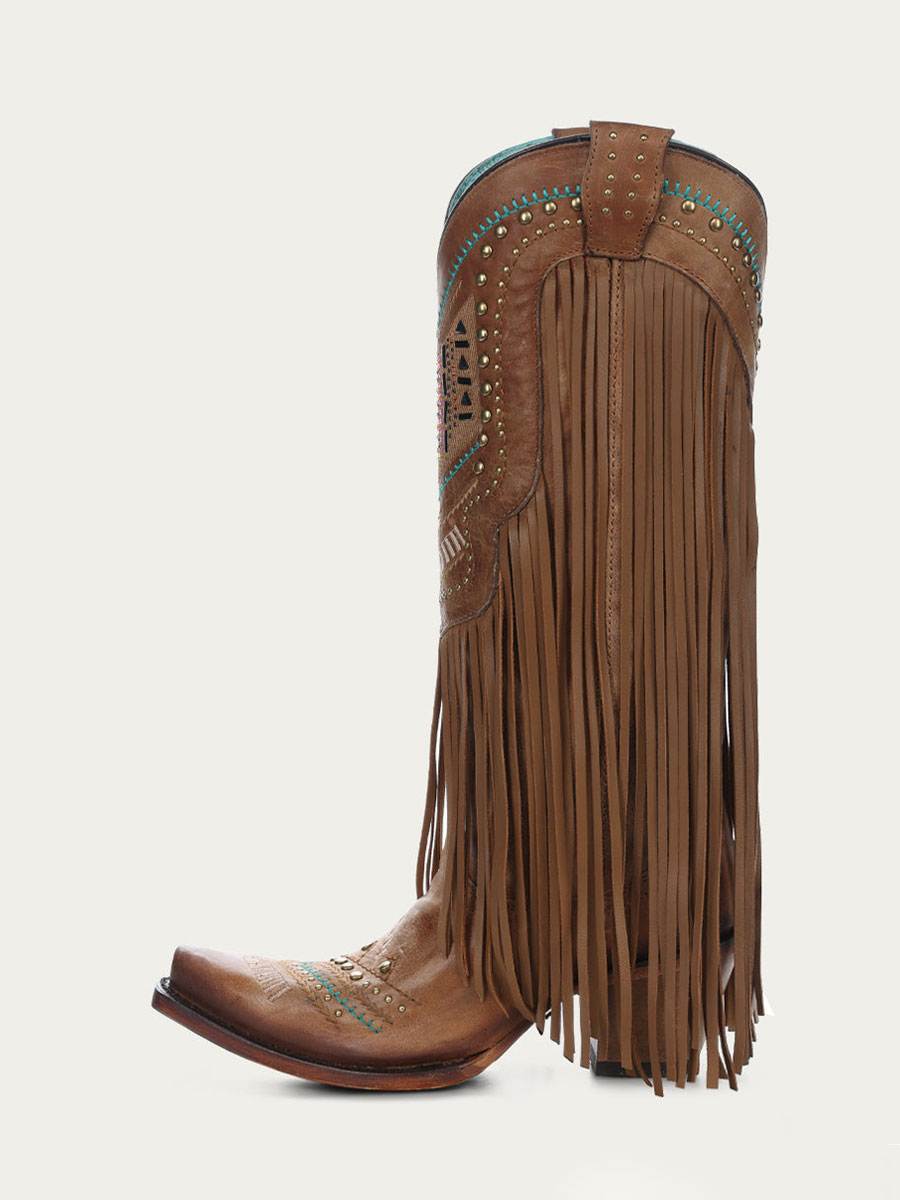 Brown Snip Toe Cowgirl Boots with Crystals Embroidery and Fringe