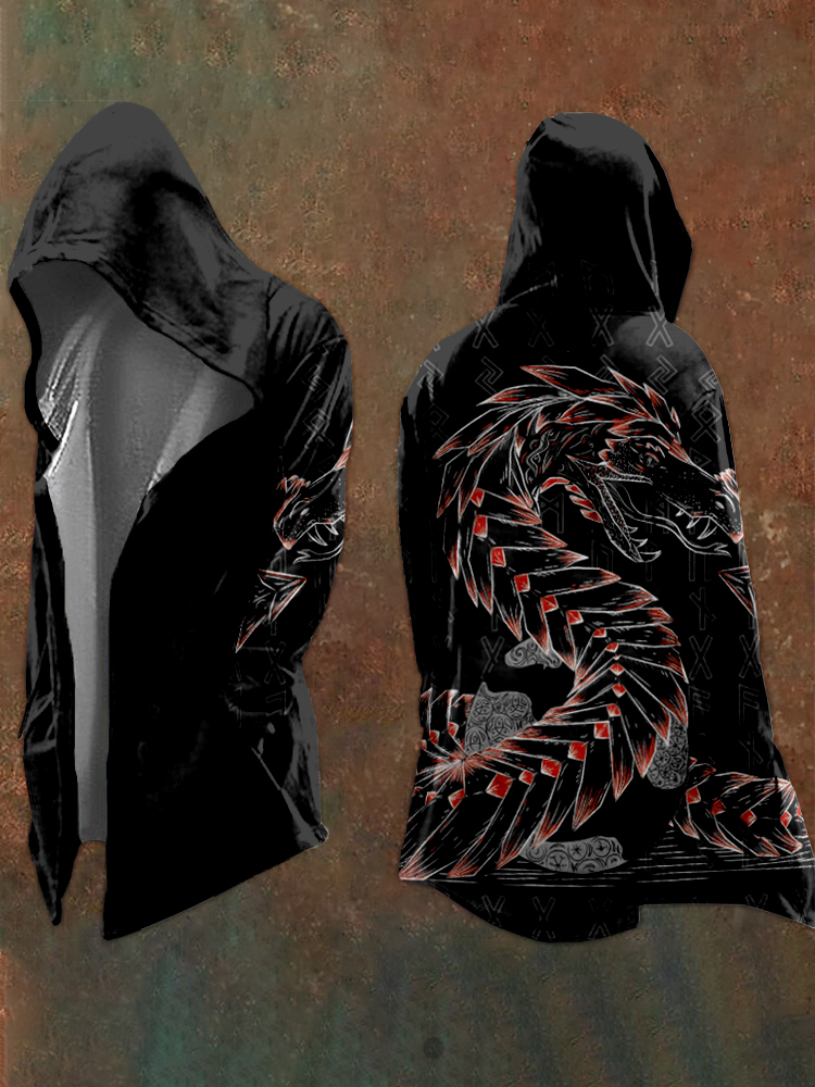 Comstylish Men's Viking Runes & Jormungandr Graphic Hooded Coat