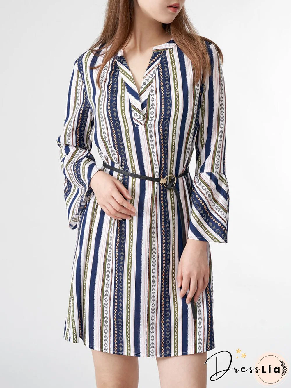 Tribal Pattern Bell Sleeve V-neck Dress For Women