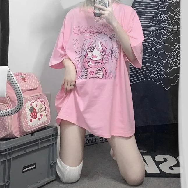 Pink Cute Girl Print Short Sleeve T-shirt SP16008