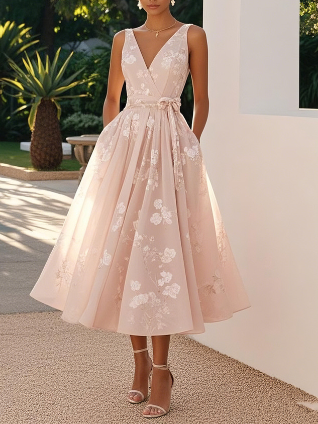 Women's Blush Floral Embroidered Midi Dress, V-Neck Tie-Waist A-Line Formal Gown