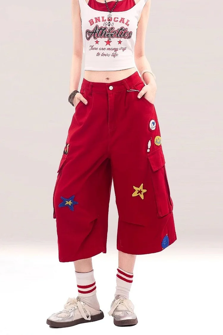 Women's Wide Leg Cargo Pants with Patchwork and Multi Pocket Design
