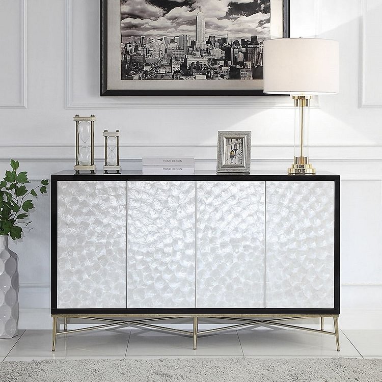 Homemys Modern Sideboard Buffet White Natural Shell Surface with Doors & Drawers & Shelves