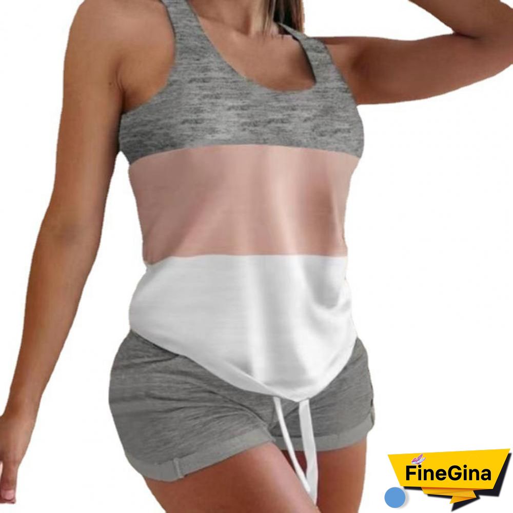 2Pcsset Casual Outfit Sleeveless Top Set Round Neck Comfortable Summer Slim Splicing Design Drawstring Camisole Set For Home