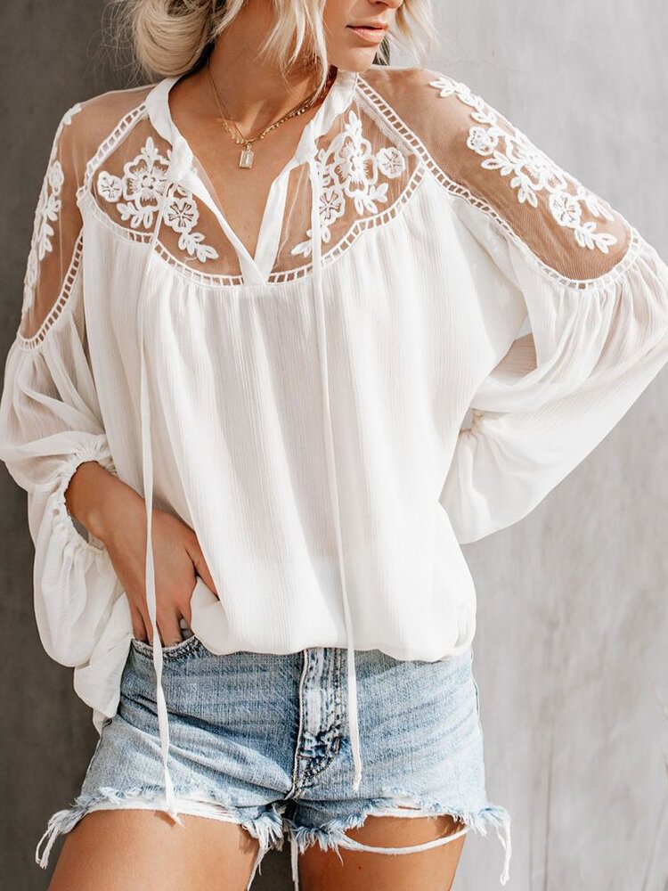 Sexy Perspective V neck Long Sleeve Blouse P1560274