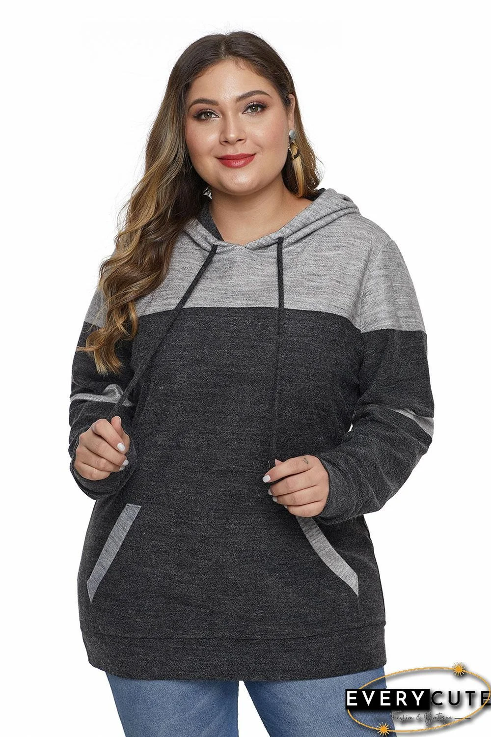 Black Color Block Pullover Plus Size Hoodie with Pocket