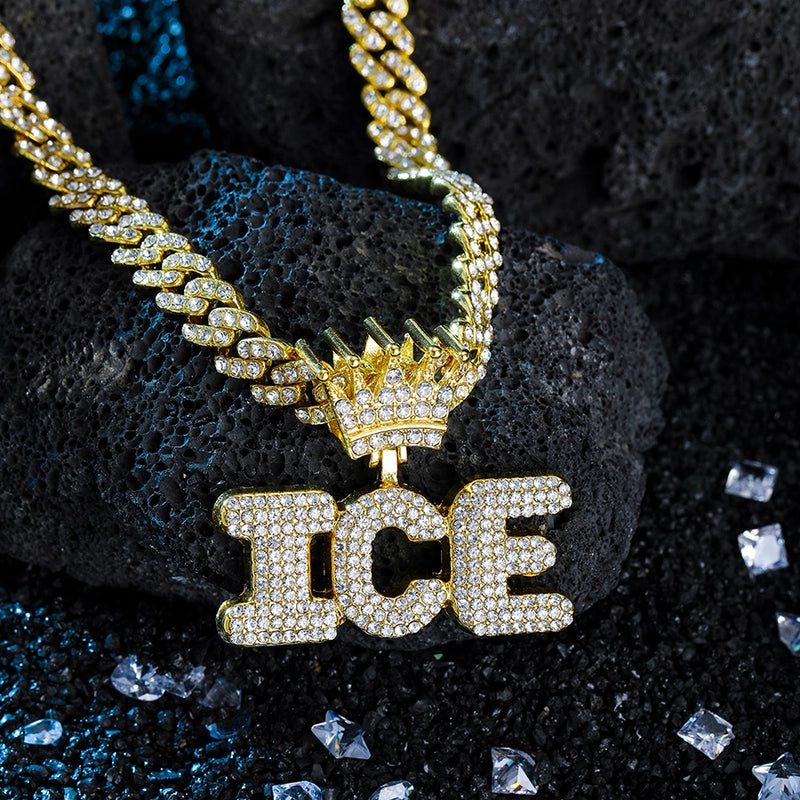 1PC New Arrival Gold Jewelry Man Silver Plated Color Letter ICE Charm Necklace Bling Bling Hip Hop Crown Design Jewelry With Cuban LInk Chain