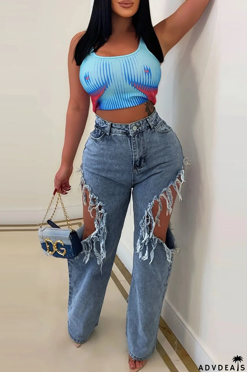 Blue Street Solid Tassel Ripped Make Old Patchwork High Waist Denim Jeans