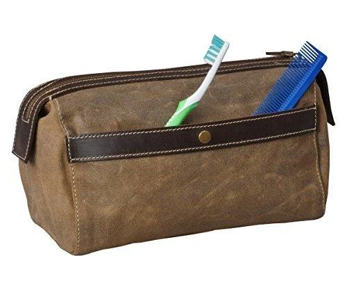 Mens Canvas Leather Toiletry Bag for Men Shaving Kit