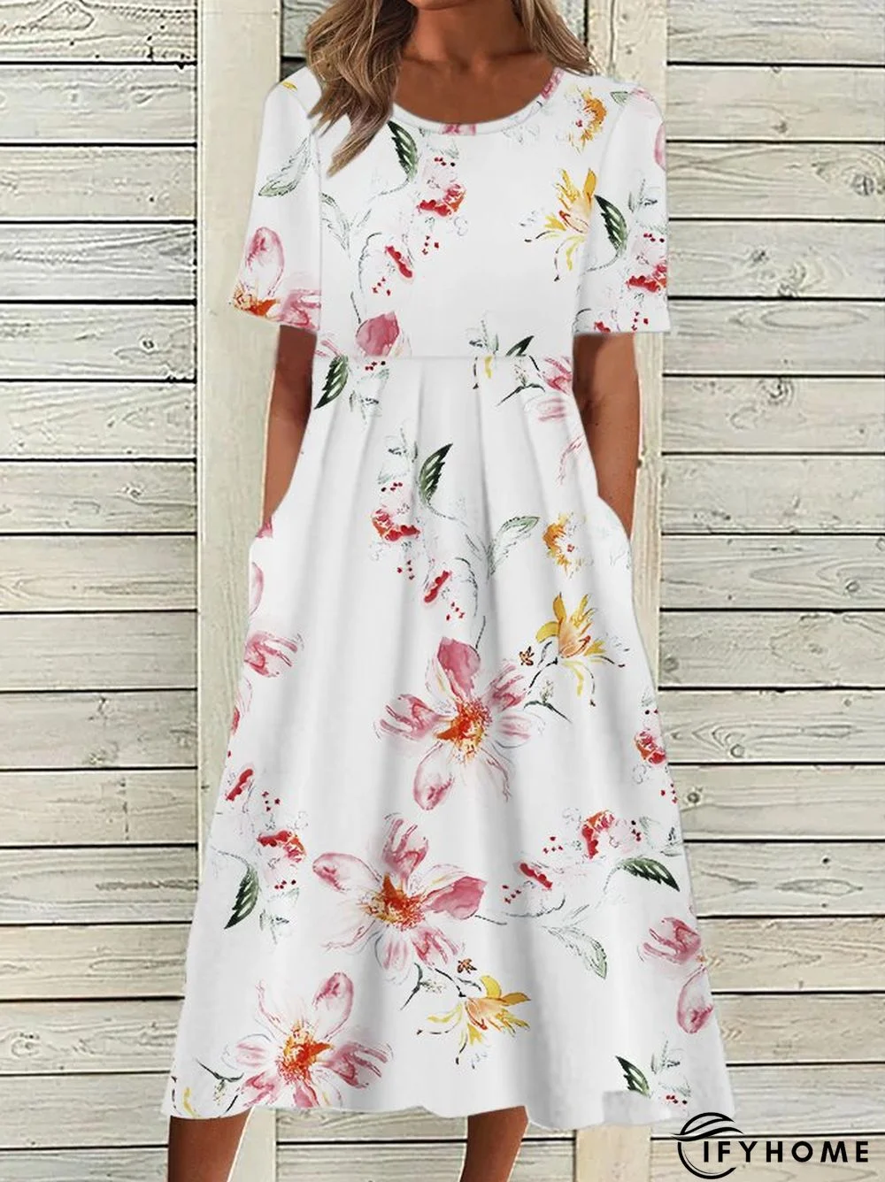 Casual Floral Crew Neck Short Sleeve Woven Dress | IFYHOME