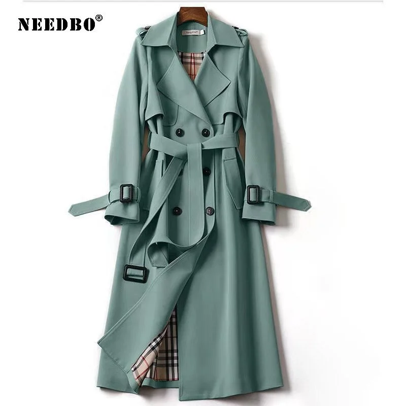 NEEDBO Windbreaker Women's Mid-length Trench Coat Harajuku Preppy Style Double-Breasted Loose Polo Collar Coat Korean Vintage
