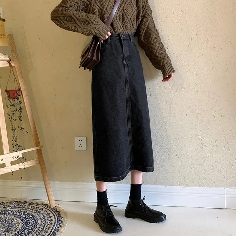 Women's Vintage High Waist Denim Skirt Autumn Winter 2021 New Korean Loose Wild A-line Mid-Calf Skirt Women's Long Skirt ML242