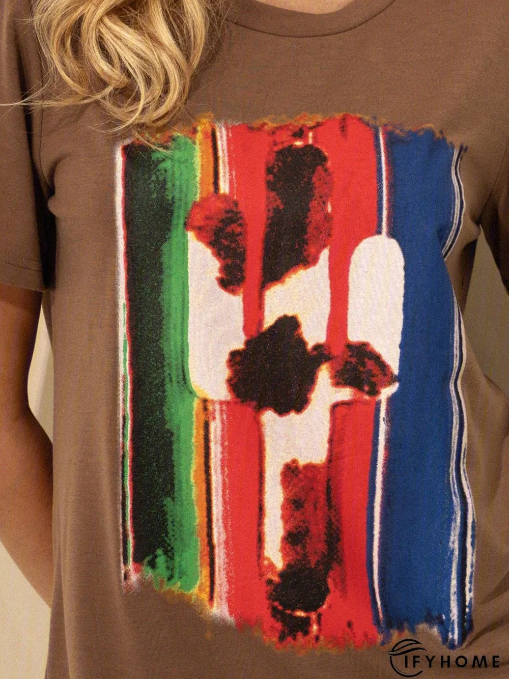 Brown Crew Neck Printed Short Sleeve Cotton T-shirt | IFYHOME