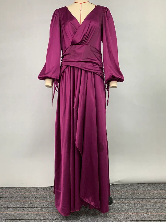Look-Thin Pleated Solid Color V-Cut Long Sleeves Maxi Dresses