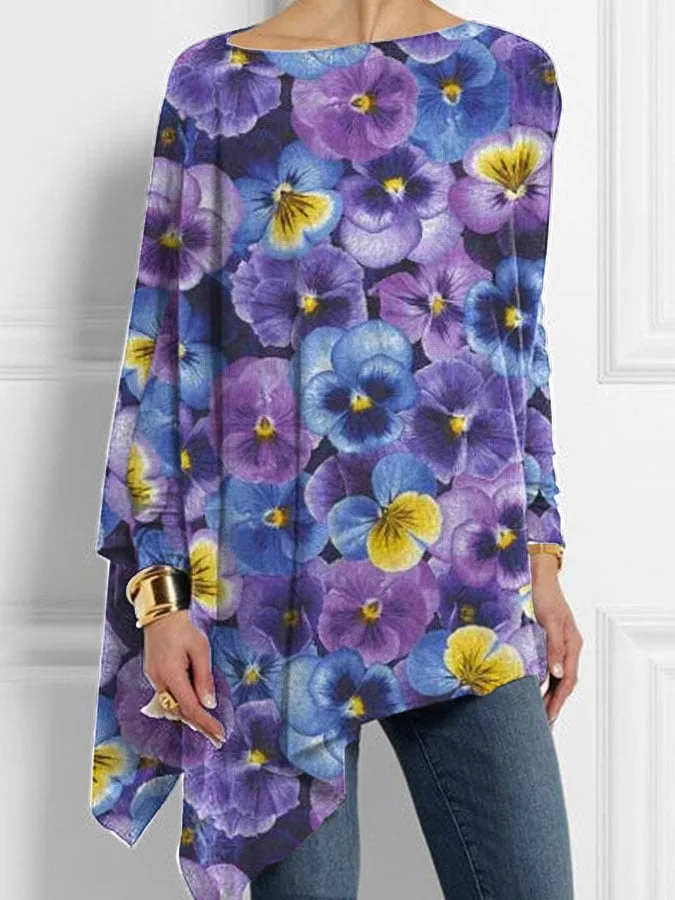 Women's Alzheimers Awareness Purple Flowers Print Irregular top