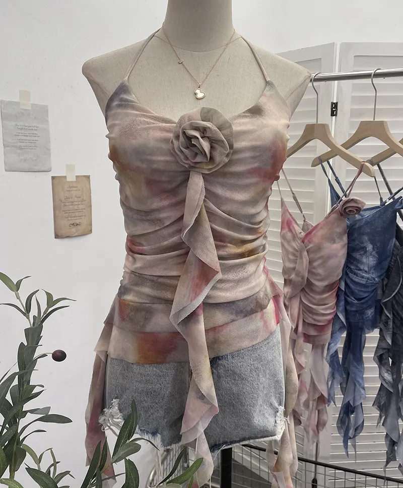 Uveng Asymmetrical Lotus Leaf Side Flower V-Neck Sling Vest Dyed Mesh Cross-Sleeveless Top 6109