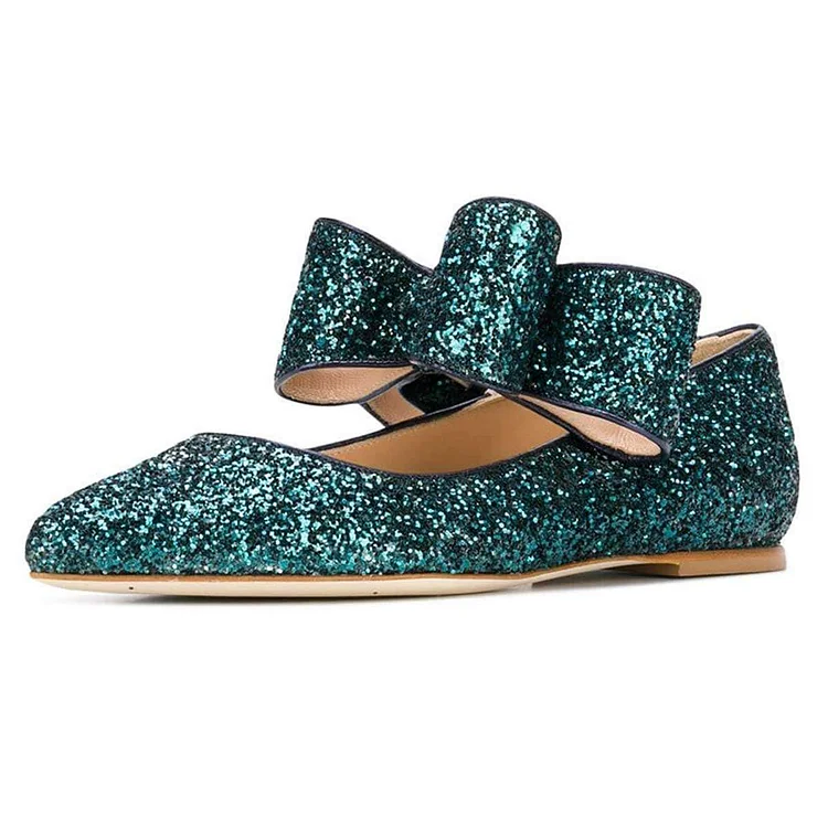 Green Glitter Bow Pointy Toe Comfortable Flats |FSJ Shoes