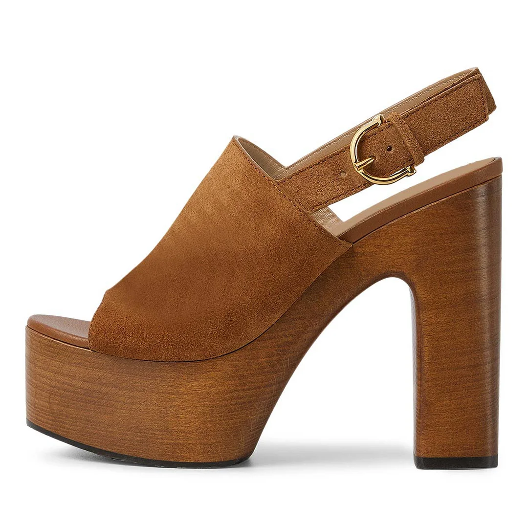 Vegan Suede Chunky High Heel Buckle Platform Women's Sandals in Brown