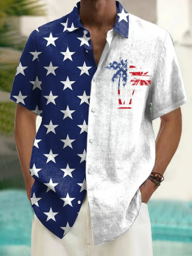 Men's Vintage Flag Palm Trees Print Casual Shirt