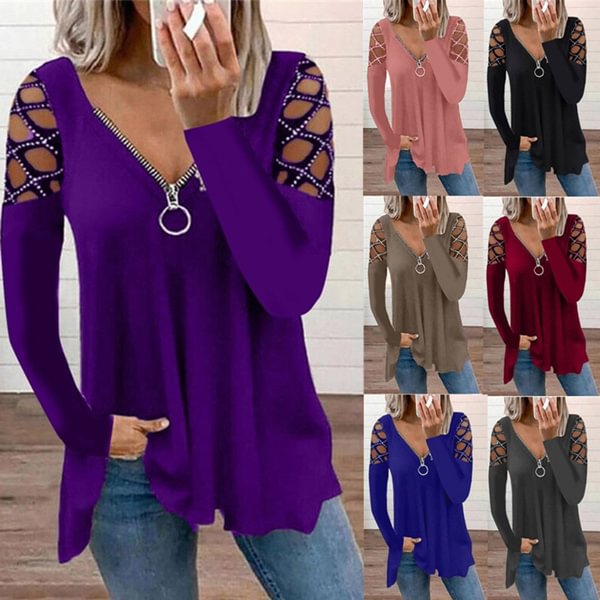Fashion S-5XL Ladies Summer Top the Shoulder Women Womens Long Sleeve Tops V-neck Ladies Solid Color ?Long Sleeve Ladies Zipper Tops T-shirt Womens Casual Top Plus Size Shirts - Shop Trendy Women's Clothing | LoverChic