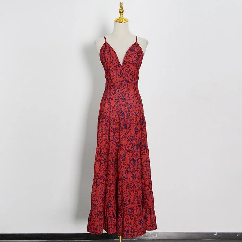 ABEBEY Vintage Print Sling Dress Female V Neck Sleeveless High Waist  Summer Dresses Female Fashion New Clothing 2023