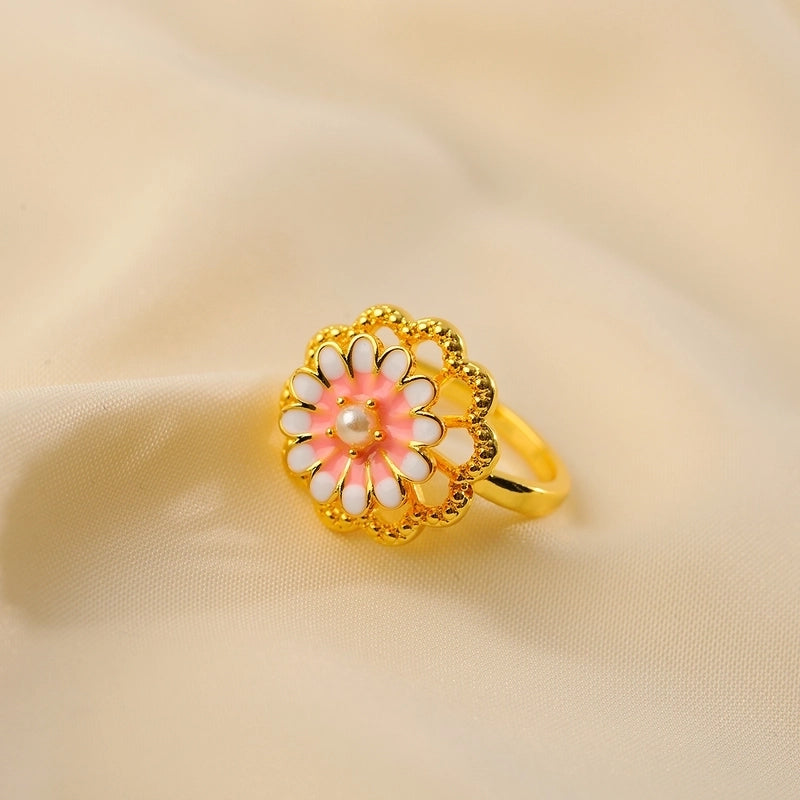 Copper 18K Gold Plated Casual Elegant Luxurious Plating Inlay Chrysanthemum Beads Rings