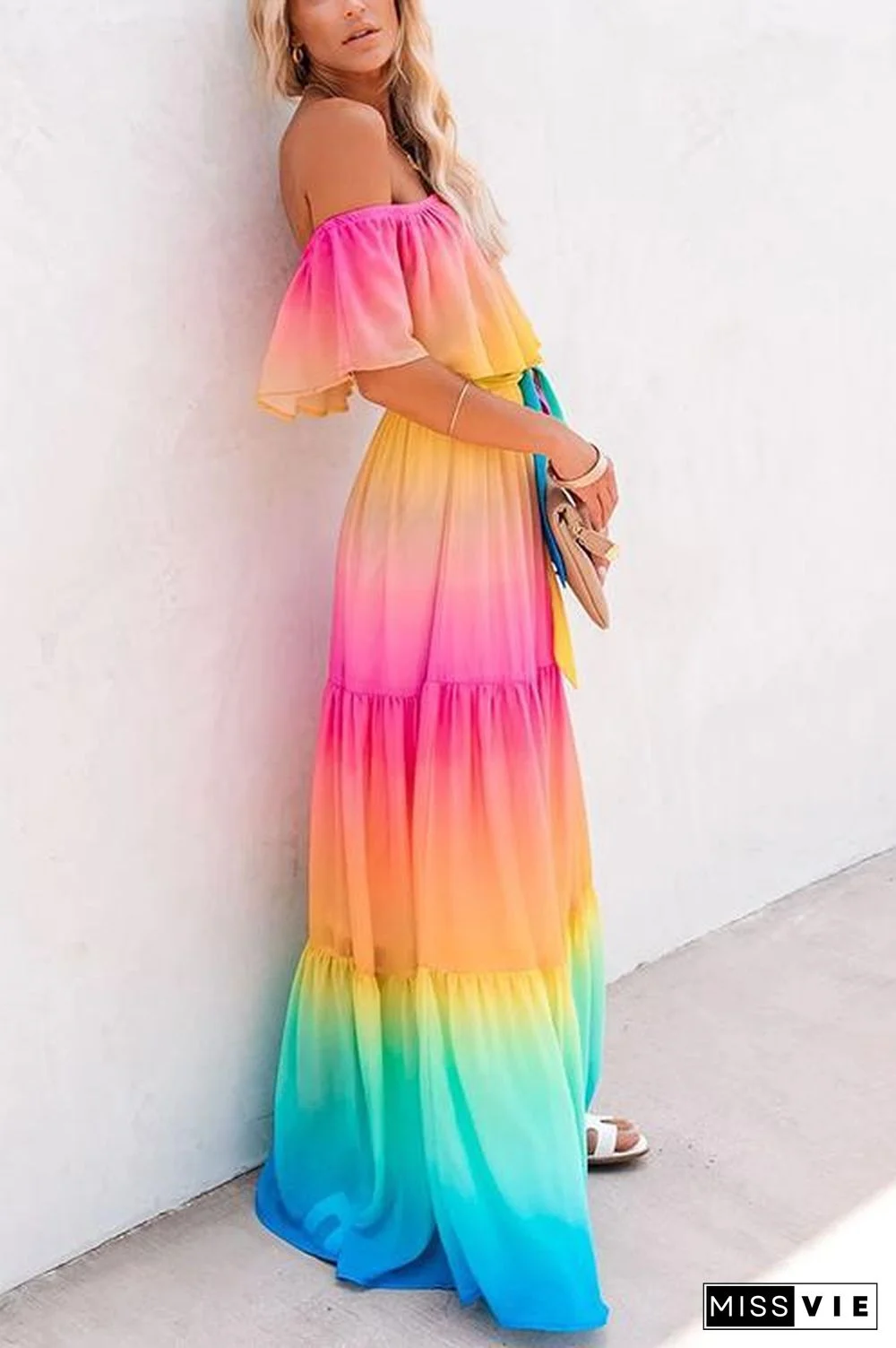 Gradient Off Shoulder Belted Maxi Dress
