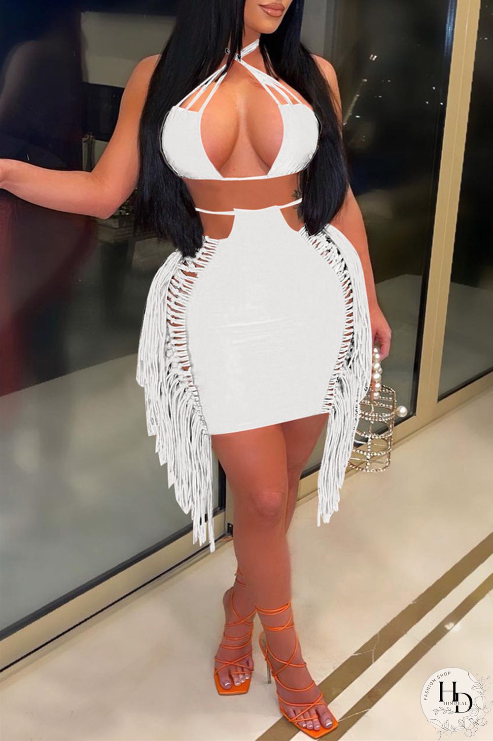 Black Sexy Solid Tassel Bandage Hollowed Out Backless Halter Sleeveless Two Pieces