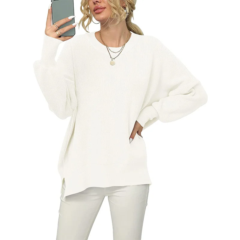 Mongw Mongw And Winter New Women's Sheep Ece Long Sleeve Round Collar Irregular Knit Pullover Sweater