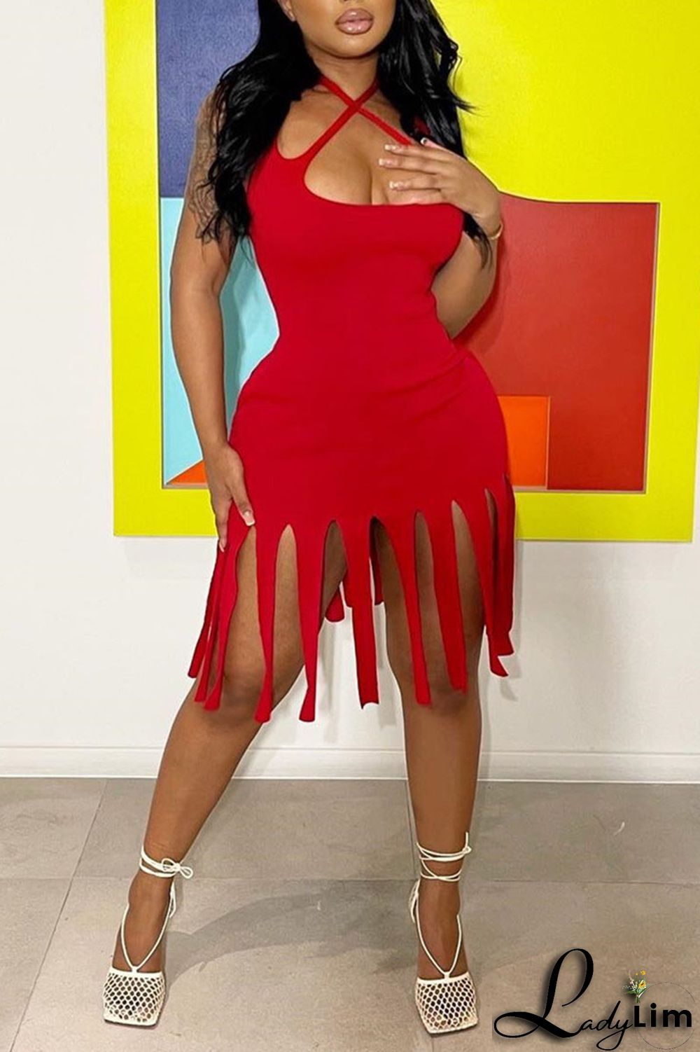 Black Sexy Solid Tassel Split Joint Pencil Skirt Dresses