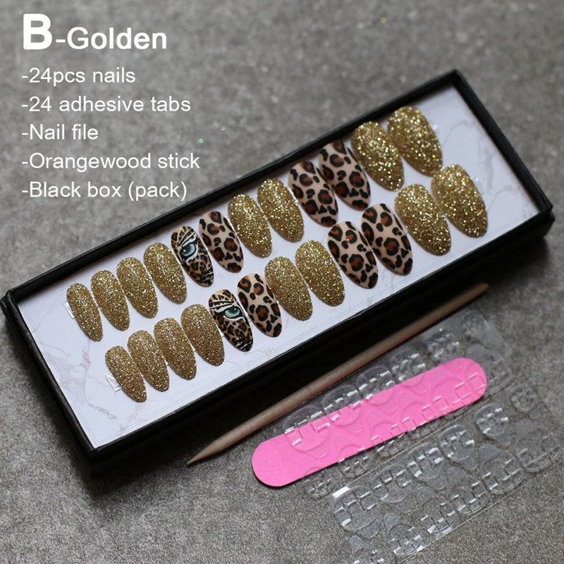 Matte tiger Nail Acrylic Fake nail black box Leopard Accent Press on Nails coffee flash stiletto false nails brown glitter Gold-Nail Inspo