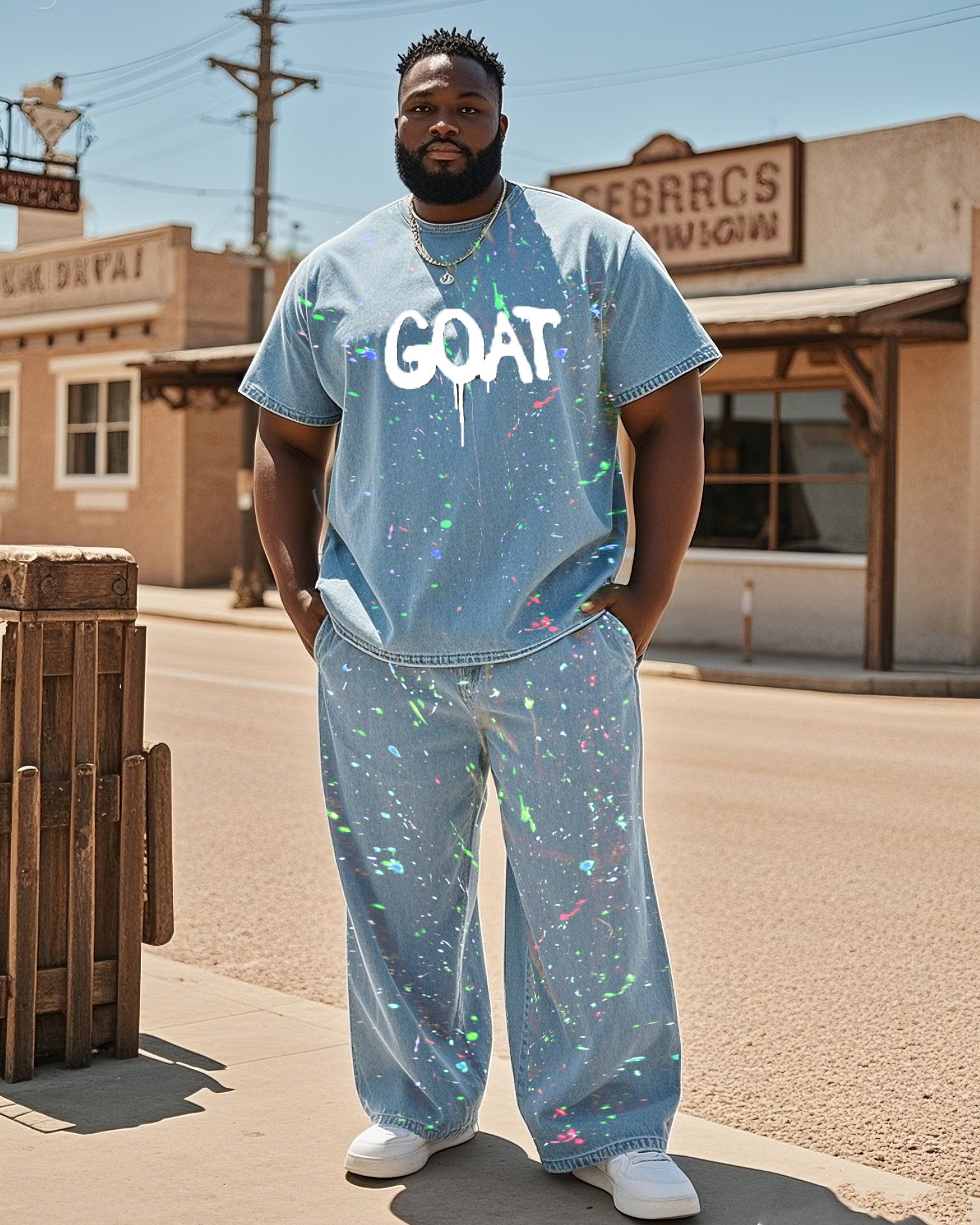 Plus Size Men's Street Fashion GOAT Sticker Art Color Splash Ink Denim T-Shirt Pants Suit