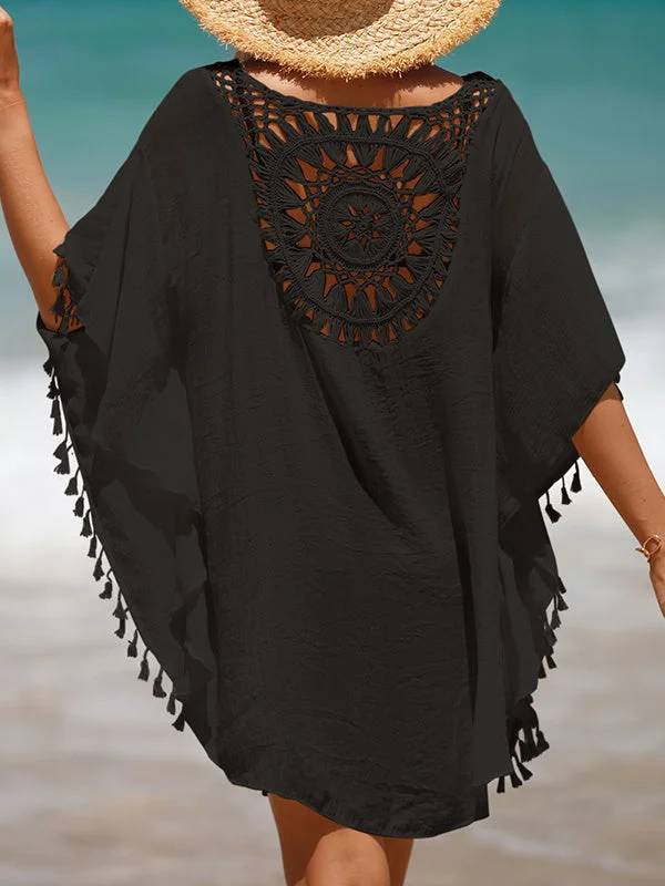 Women plus size clothing Women's Half Sleeve Scoop Neck Lace Hollow Tassels Beach Medium Style Smock-Nordswear