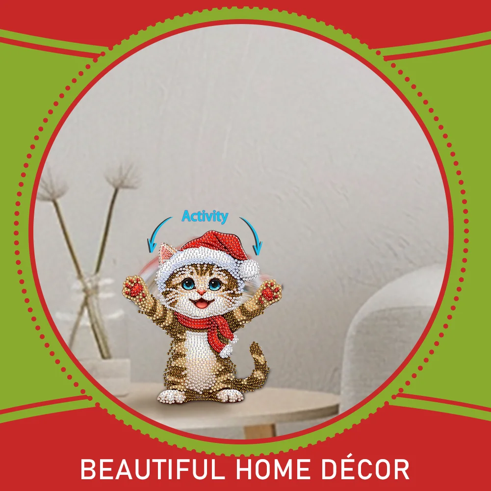 Xmas Acrylic Shaking Head 5D DIY Diamond Art Tabletop Decorations for Home (Cat)