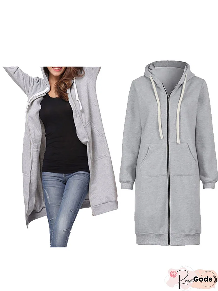 Hoodie Plain Long Sleeve Coat